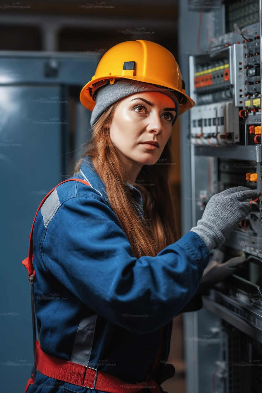 Woman standing at open electrical panel on a white wall.
